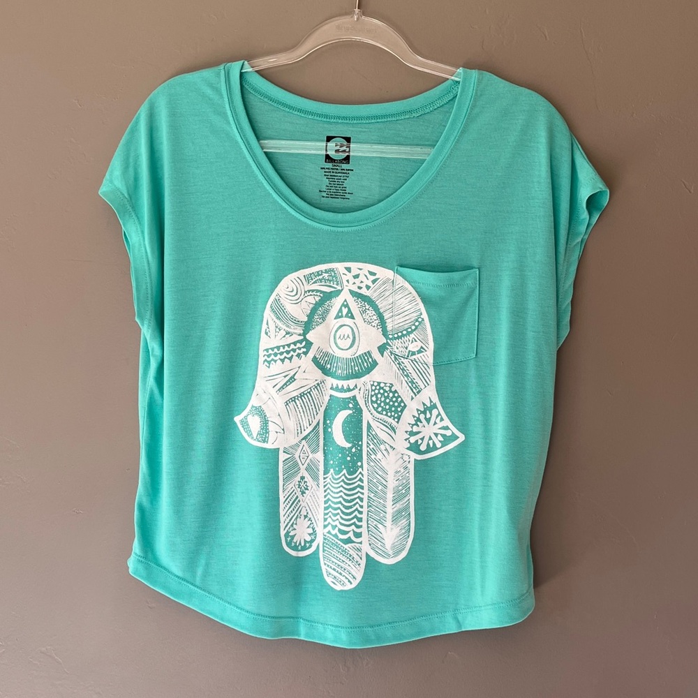 Billabong NWOT Teal Turquoise Boho Indy Abstract Print Flowy Boxy Tee Womens S